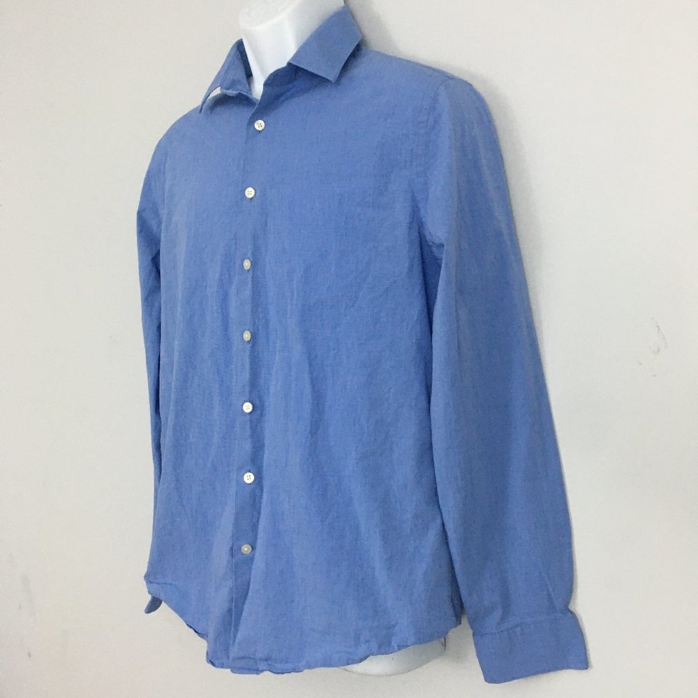 Express 1MX Mens 15-15.5 Blue Fitted Cotton Blend Button Up Collared Dress Shirt - Picture 3 of 8